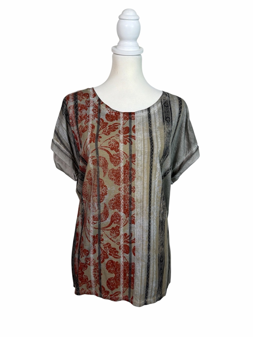 Peruvian Connection Women’s Pima Cotton Tunic Top Medium Floral Stripe Boho